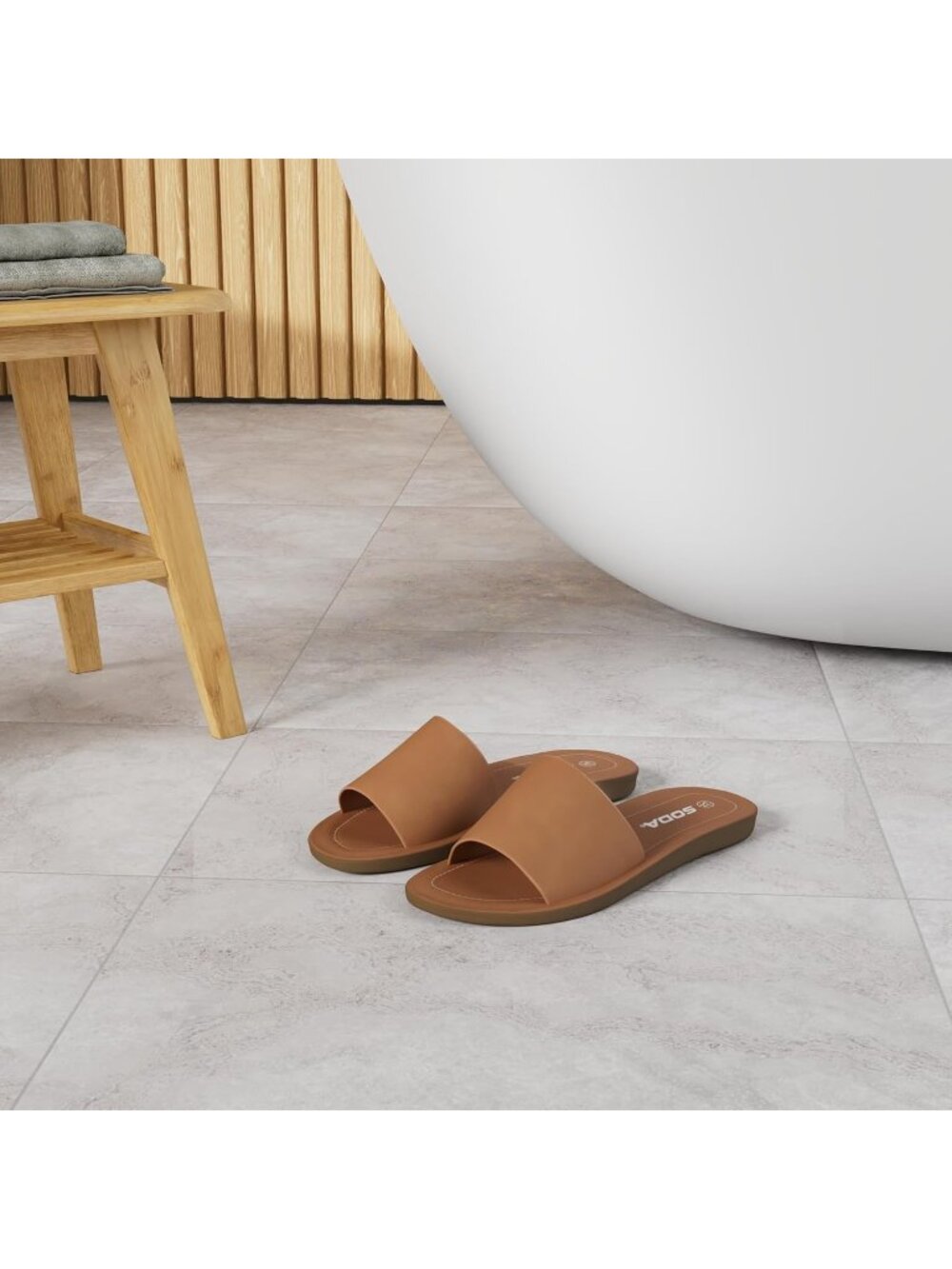 Women's Tan Peep Toe Beach Basic Plain Solid Slip On Slides Casual Slipper Shoes - Picture 2 of 6
